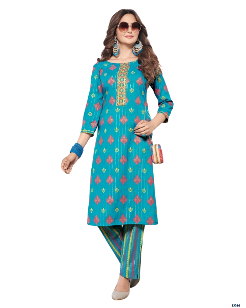 Sky Blue Classy Printed Stylish Rayon Fancy Embroidery Work Kurti With Pant Sets For women