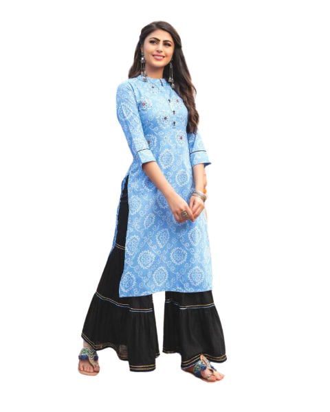 Blue Bandhej Print Kurta with Black Sharara