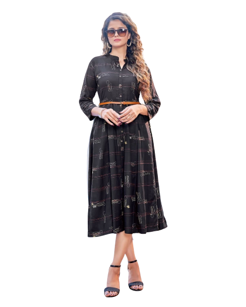 Black Rayon Stylish Printed Western Style women A line Kurti With Belt