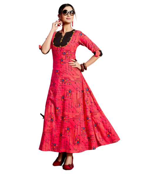 Pink Rayon Embroidery work Long A Line Kurti