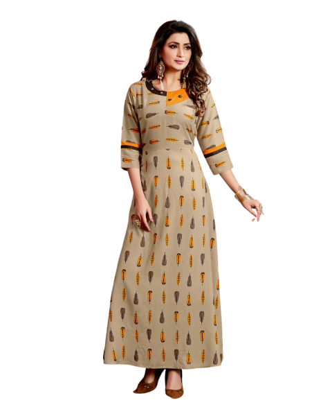 Grey Rayon Embroidery work Long A Line Kurti
