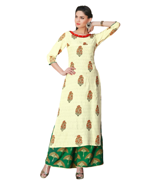 Cream & Green Rayon Kurti with Palazzo