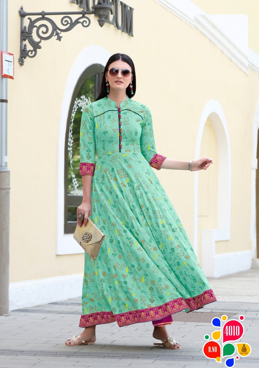 Aqua Green Rayon Foli Print Long Kurti/Gown