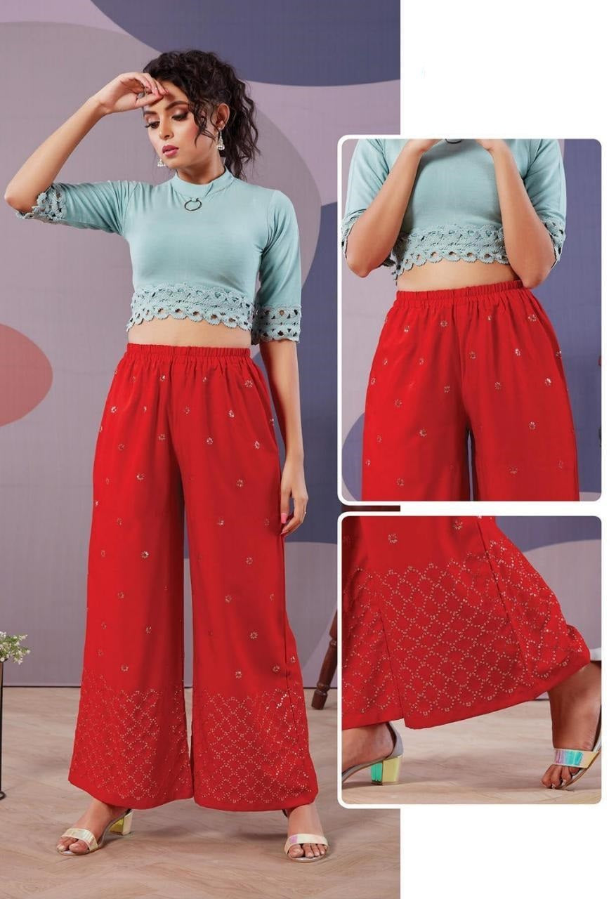 Red Pure Rayon Sequence and Embroidery Work Palazzo