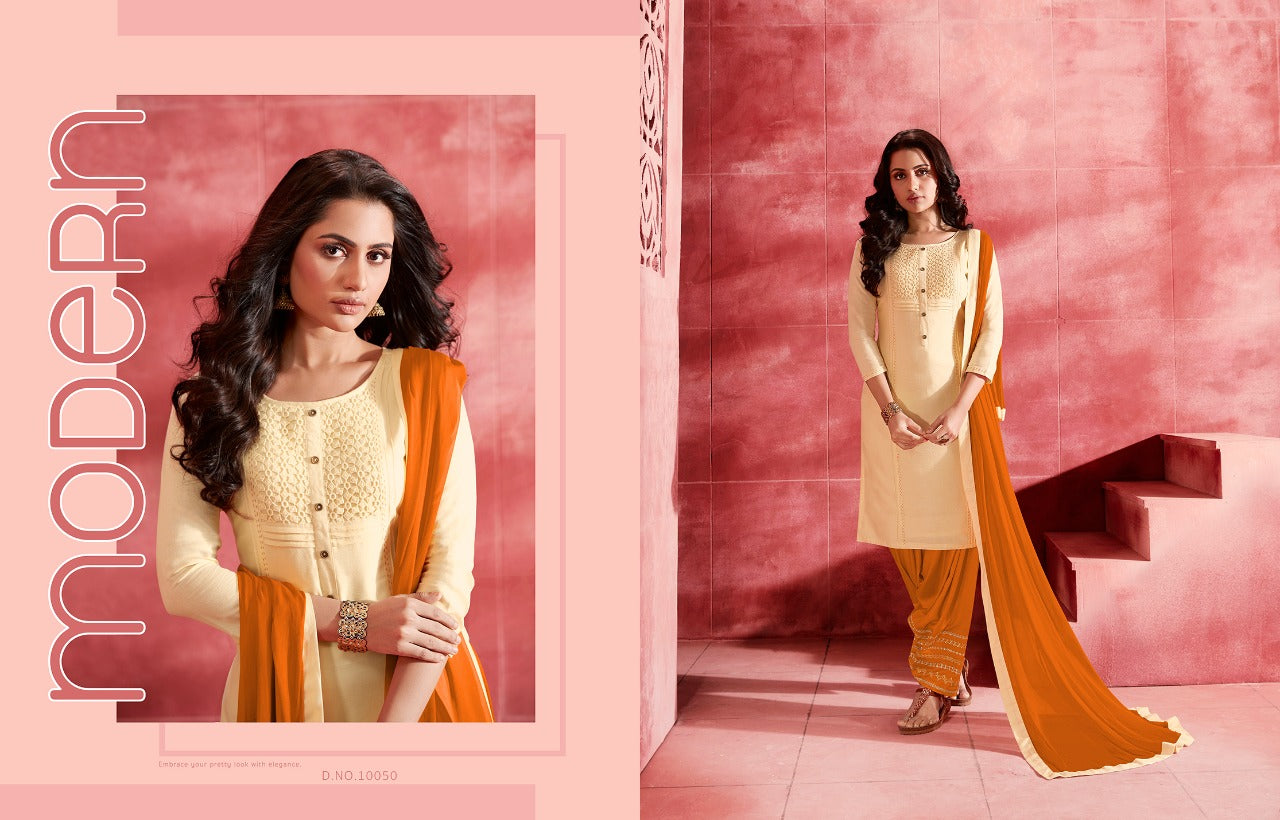 Cream & Mustard Yellow Partywear Schiffli Work Suit