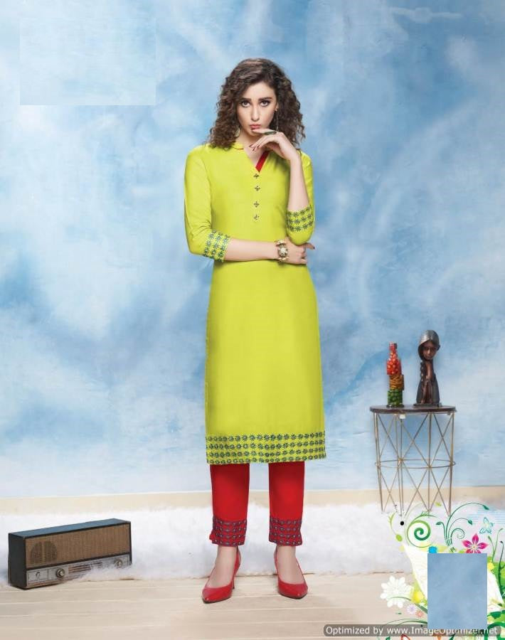 Mehandi Embroidery Kurti with Red Embroidery Pant