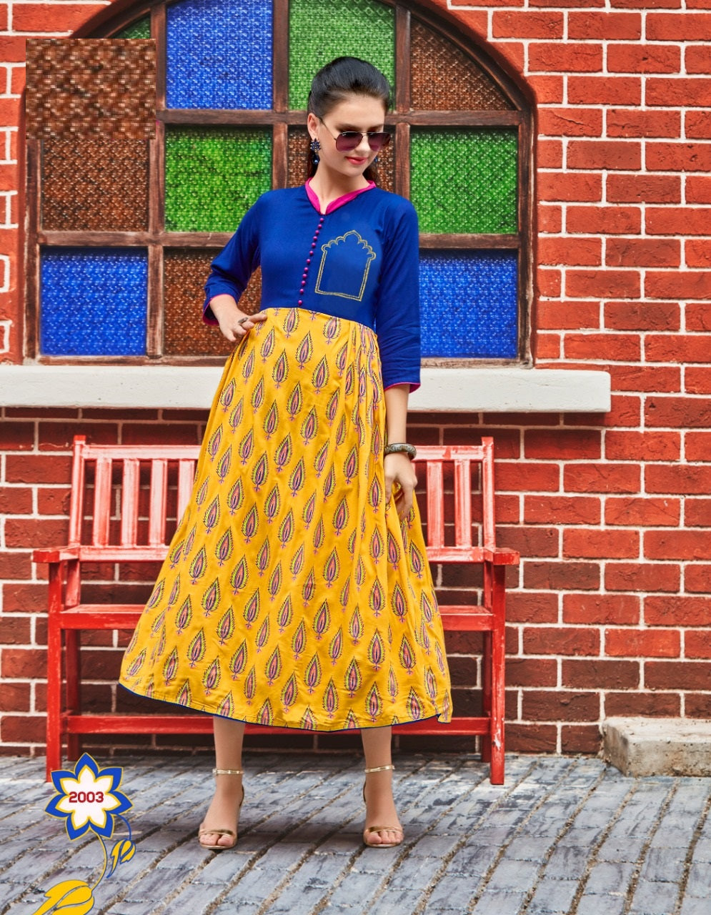 Blue and Yellow Regular wear Printed Kurti