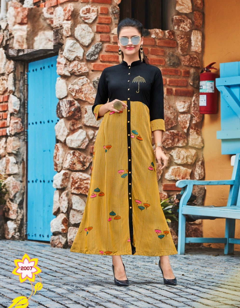 Black and Light Brown Printed Regular Wear Rayon Kurti