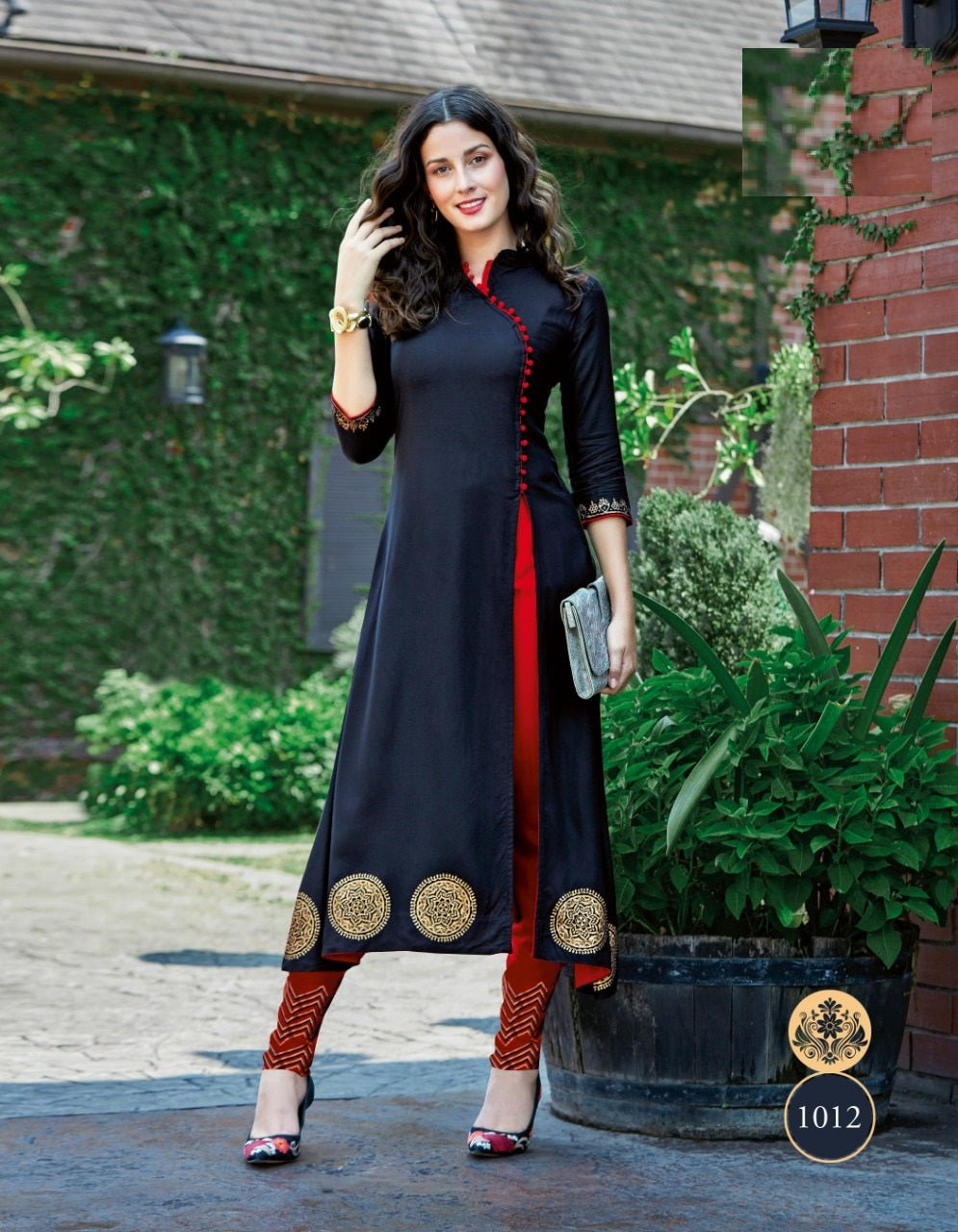 Navy Blue Printed Kurti with Red Printed Pant