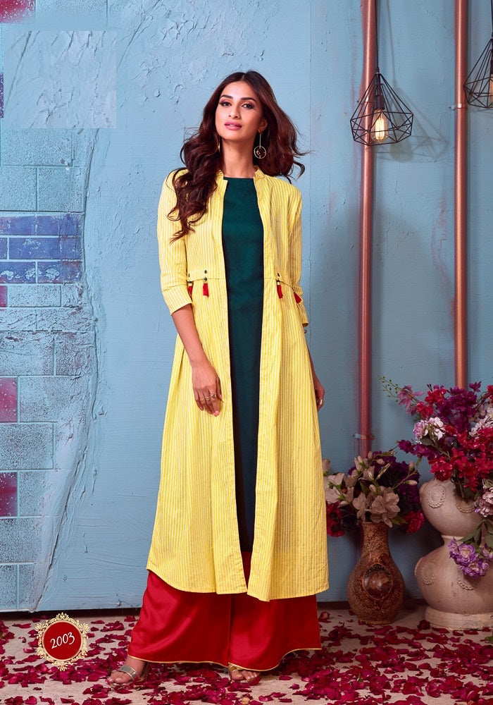 Navy Blue Plain Rayon Kurti with Yellow Full Shrug and Red Palazzo