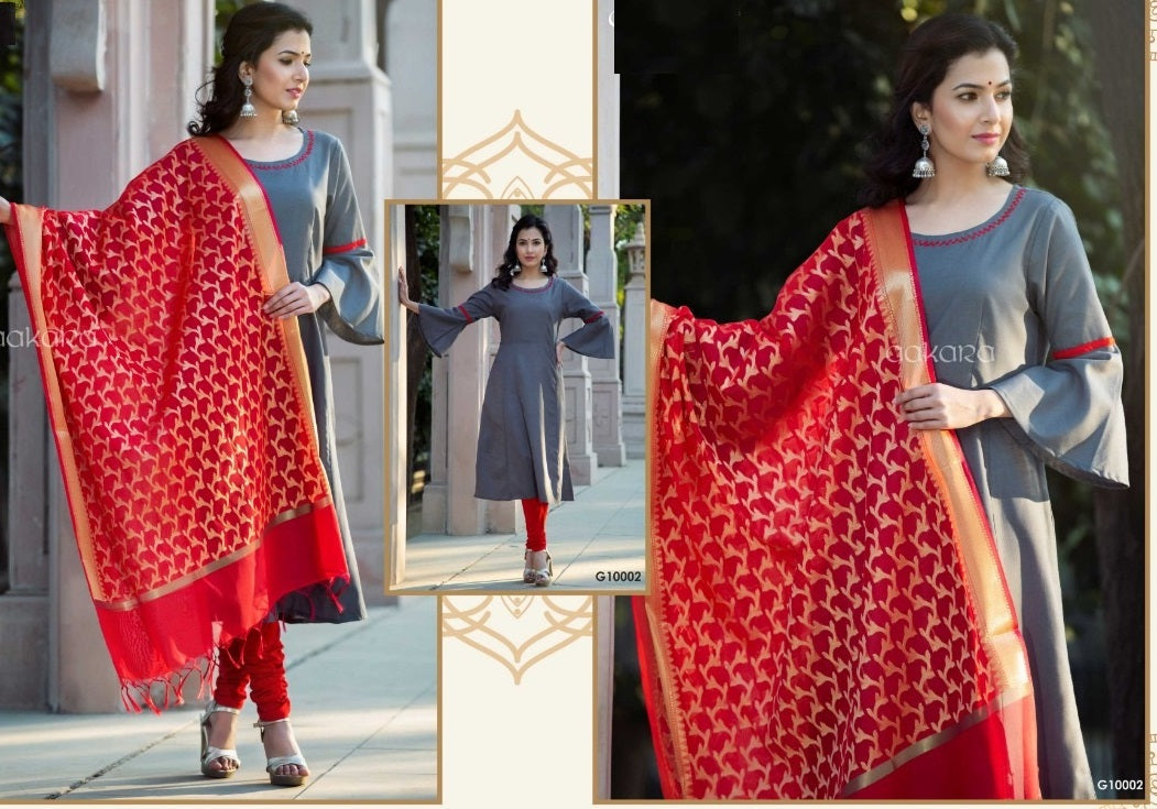 Grey Silk Kurti with Red Banarasi Silk Dupatta