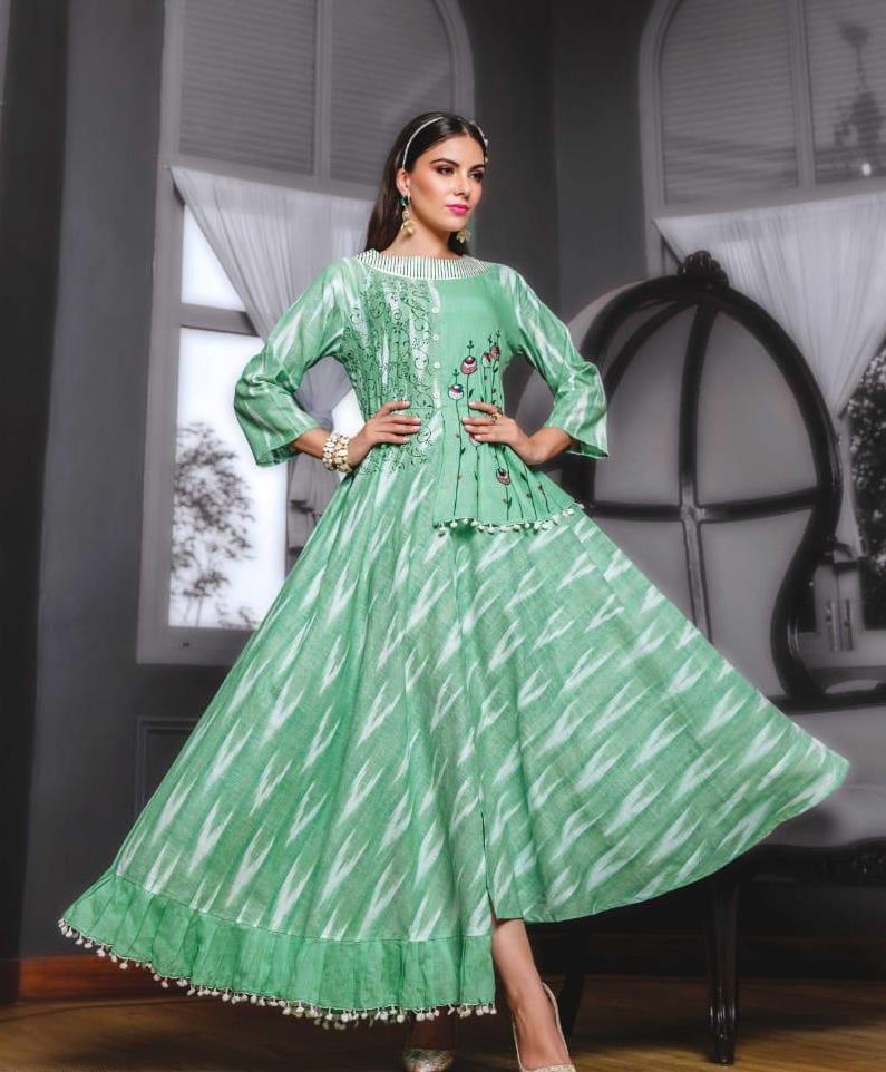 Pista Green and White Ikkat Cotton Box Print Embroidery A-line Kurti