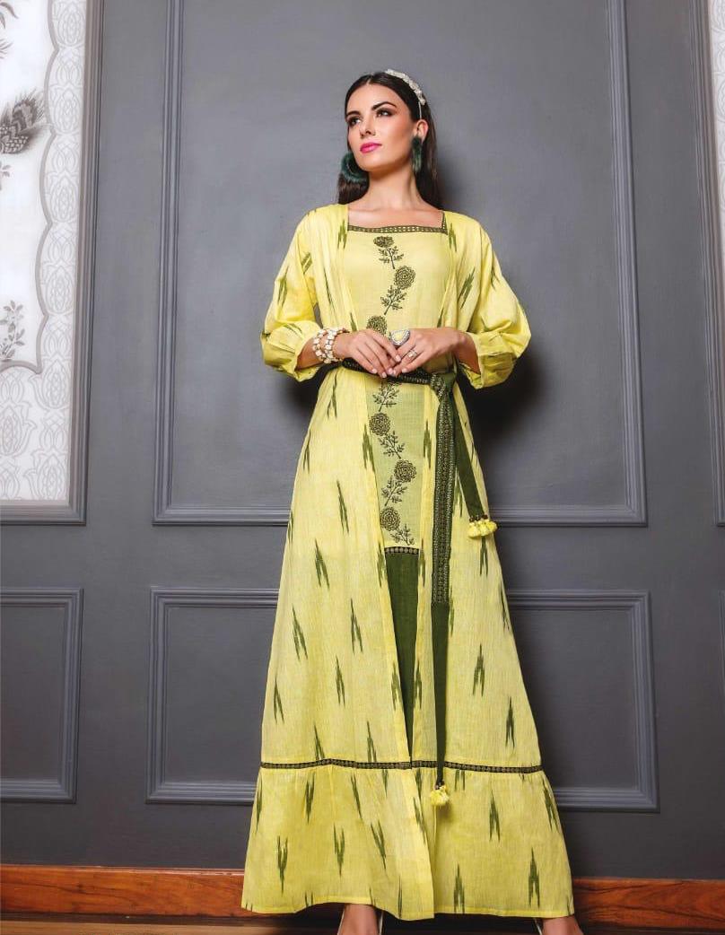 Yellow and Green Ikkat Cotton Box Print Embroidery A-line Kurti