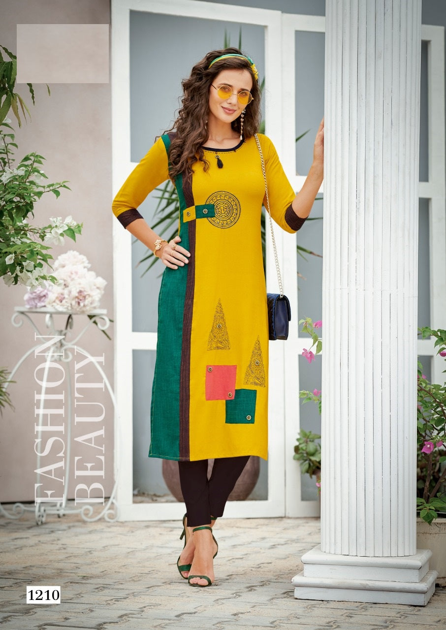 Green and Yellow Heavy Rayon Embroidery Work Kurti