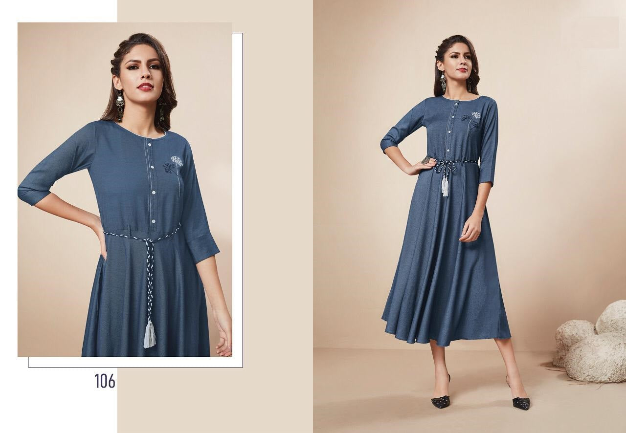 Blue Two tone Heavy Rayon Embroidery work Kurti