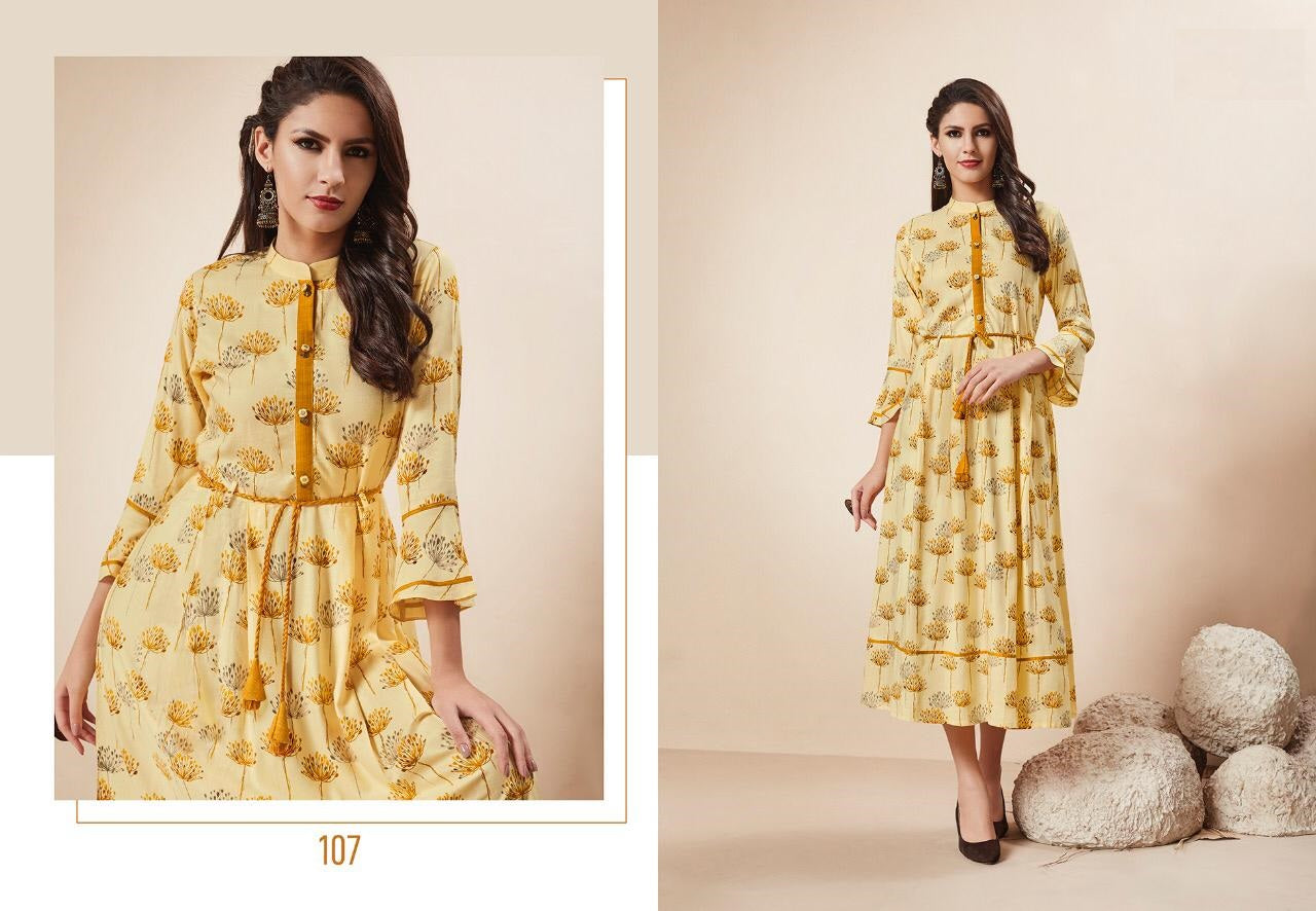 Creamish Yellow Heavy Rayon Printed Handwork Kurti