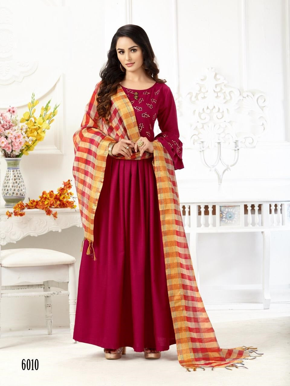 Red Cotton Foil Print Anarkali Kurti with Multicolor Banrasi Dupatta