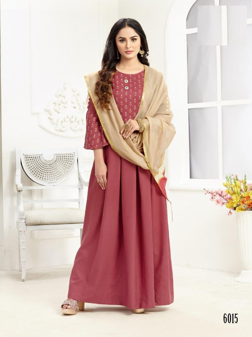 Pink Cotton Foil Print Anarkali Kurti with Beige and Pink Banrasi Dupatta