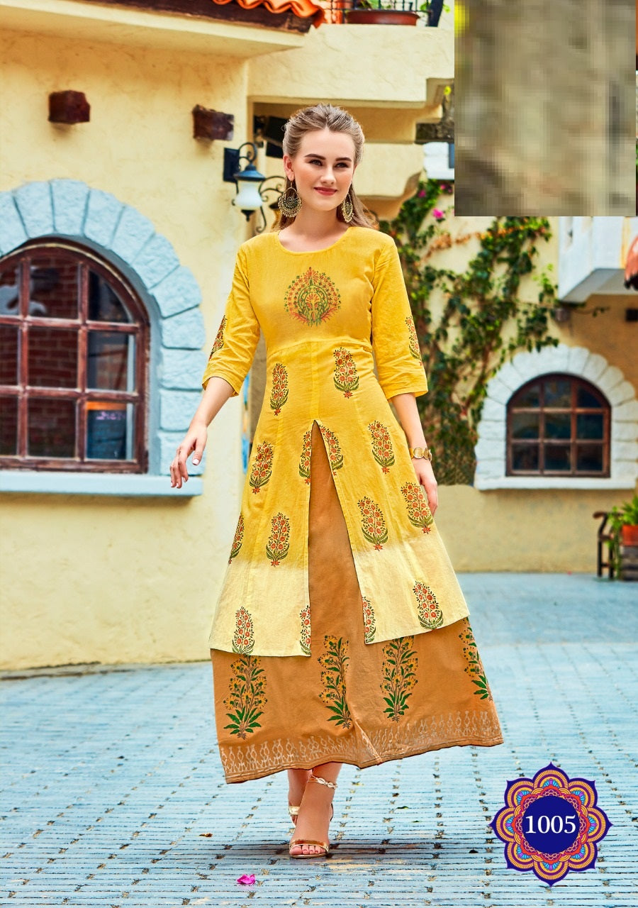 Orange Printed Long Kurti with Short 3 Cut Printed Pull Over Shrug