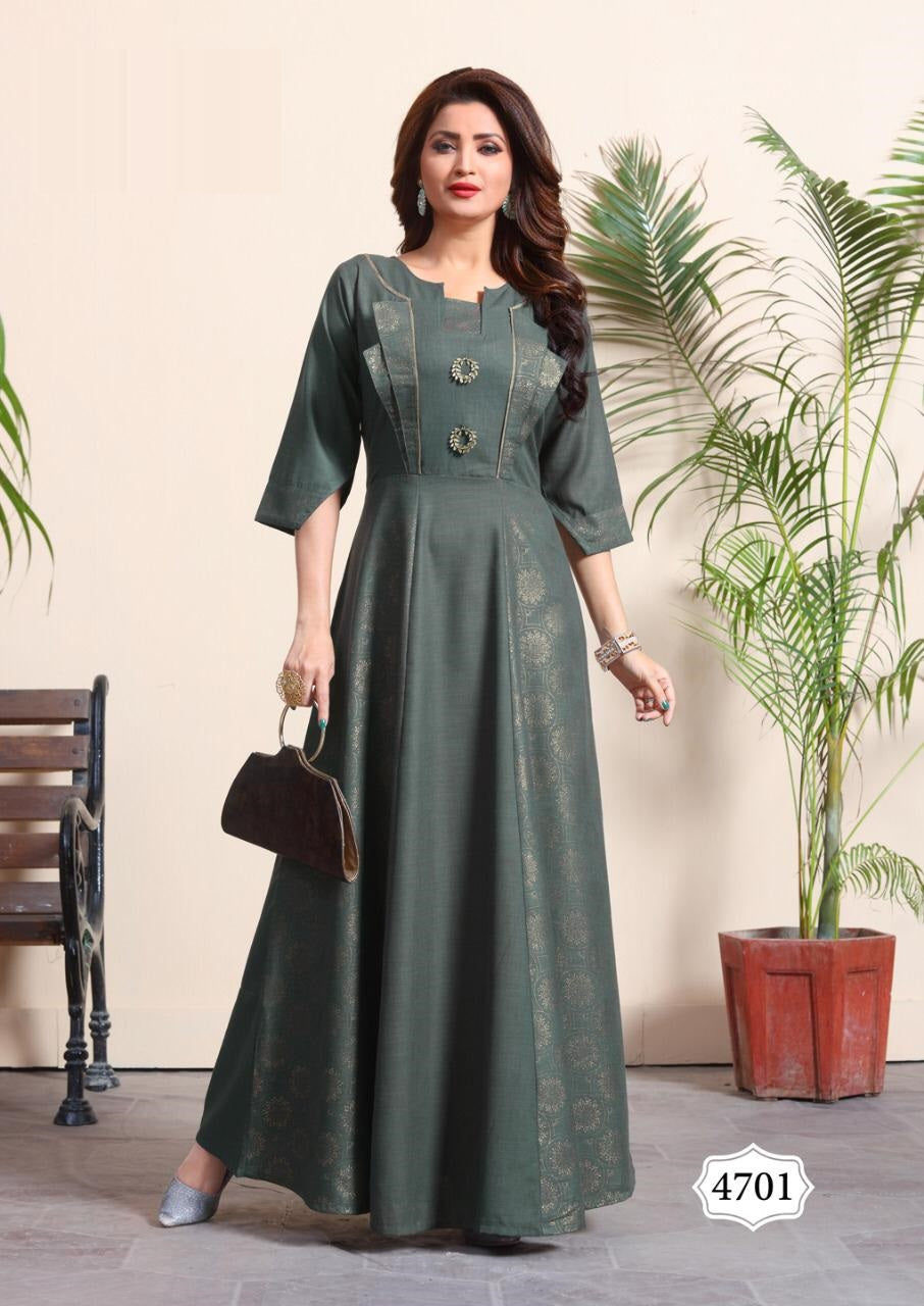 Grey Gown Style Rayon Kurti with Foil Print