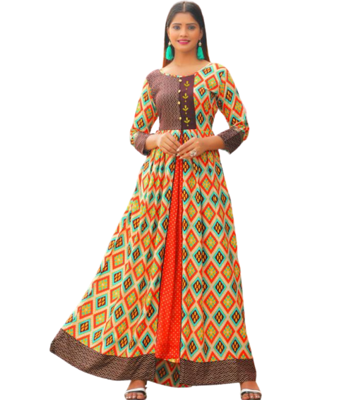 Multicolor rayon flared kurti with prints