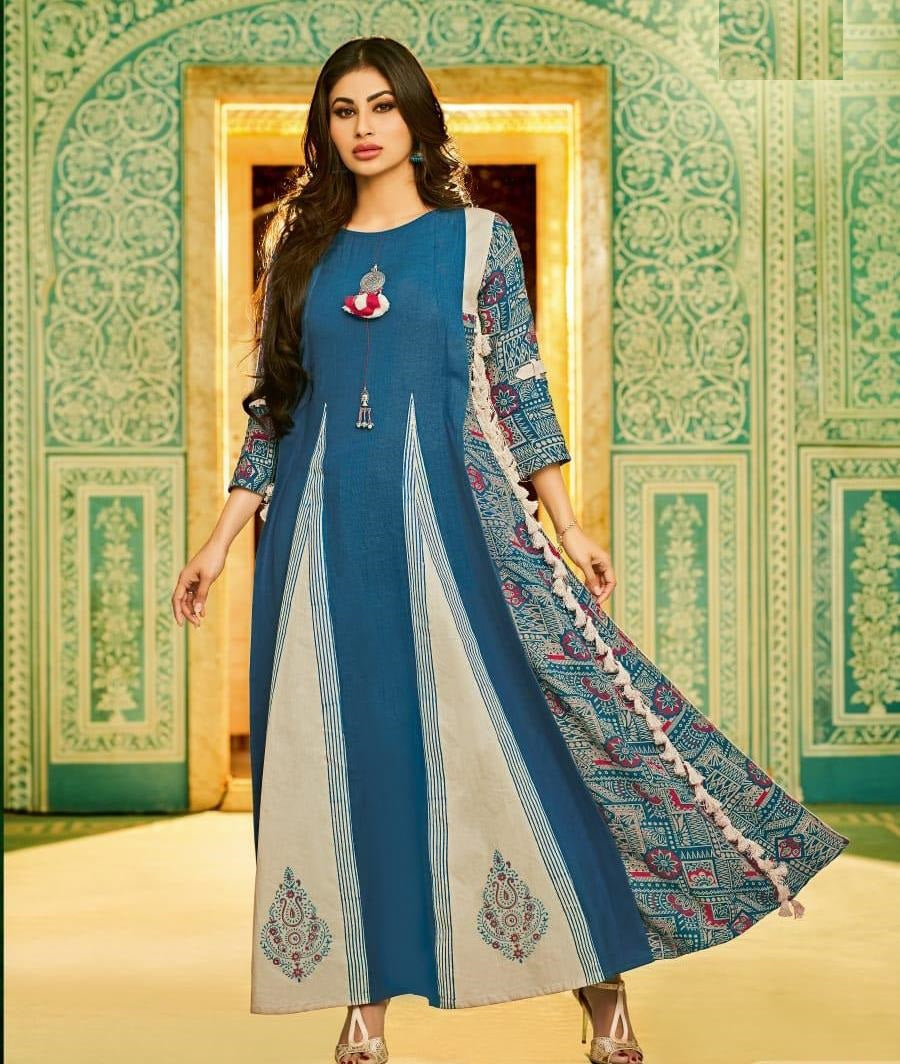Blue and Cream Embroidery Work Printed Cotton Gown Kurti