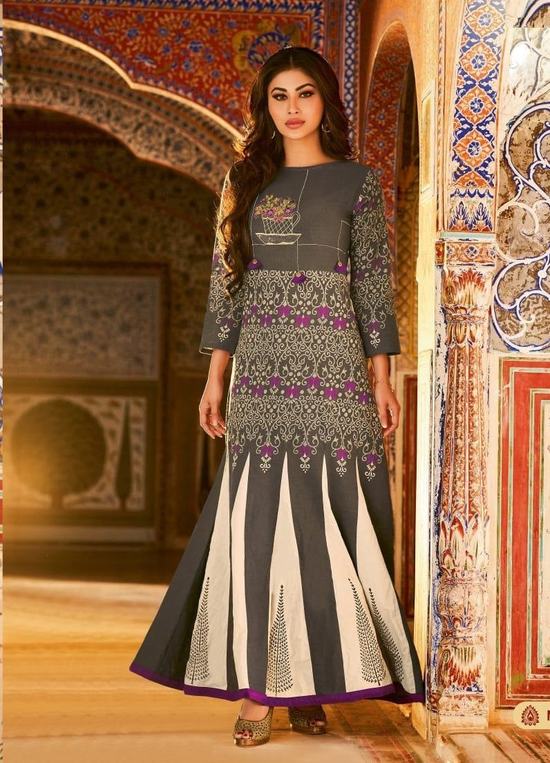 Brown and Multicolor Embroidery Work Printed Cotton Gown Kurti