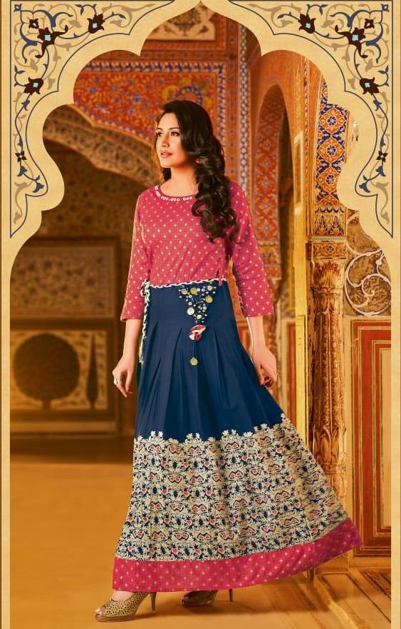 Pink and Blue Embroidery Work Printed Cotton Gown Kurti