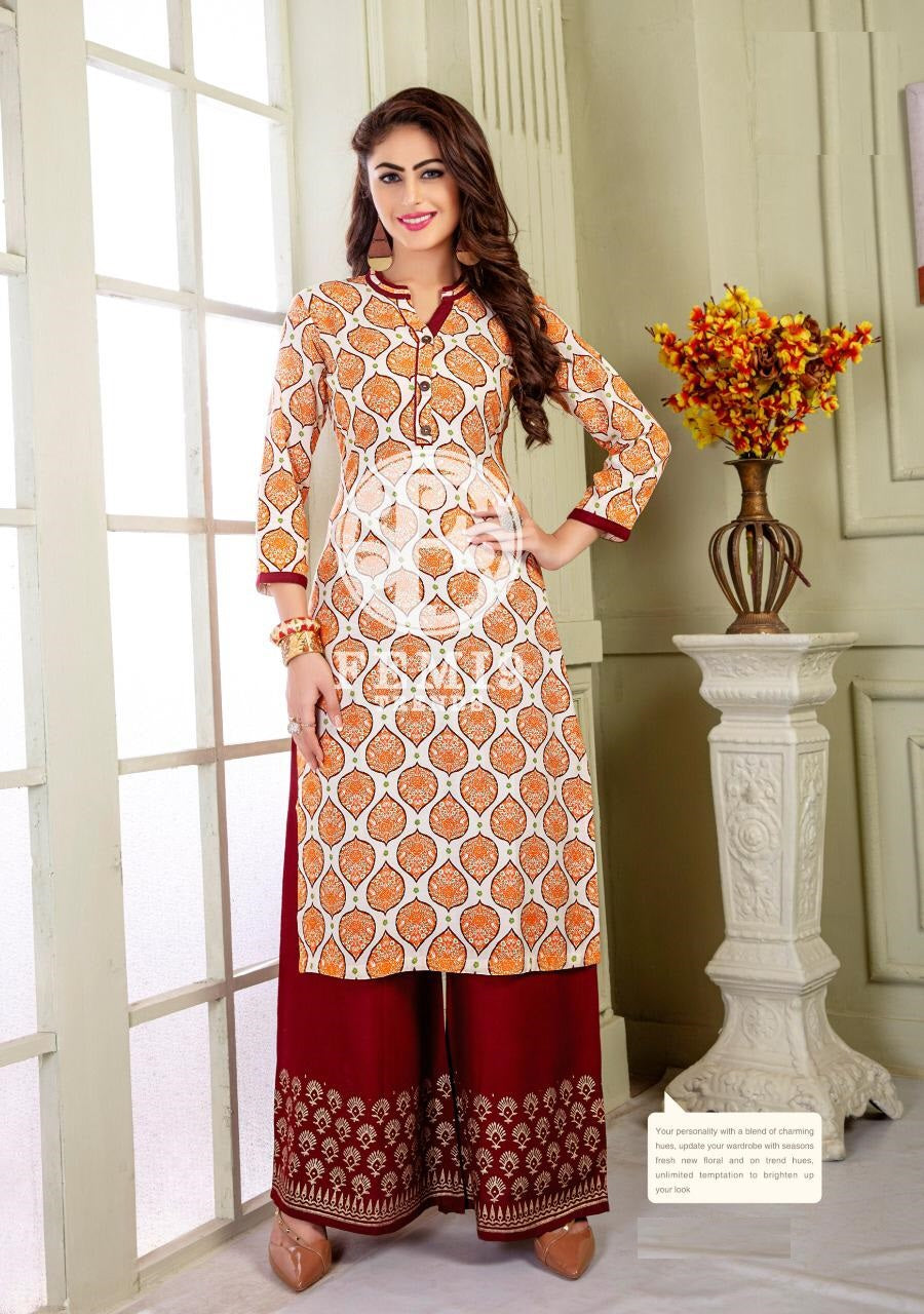 Cream, Orange and Multicolor Printed Rayon Kurti with Maroon Printed Rayon Palazzo