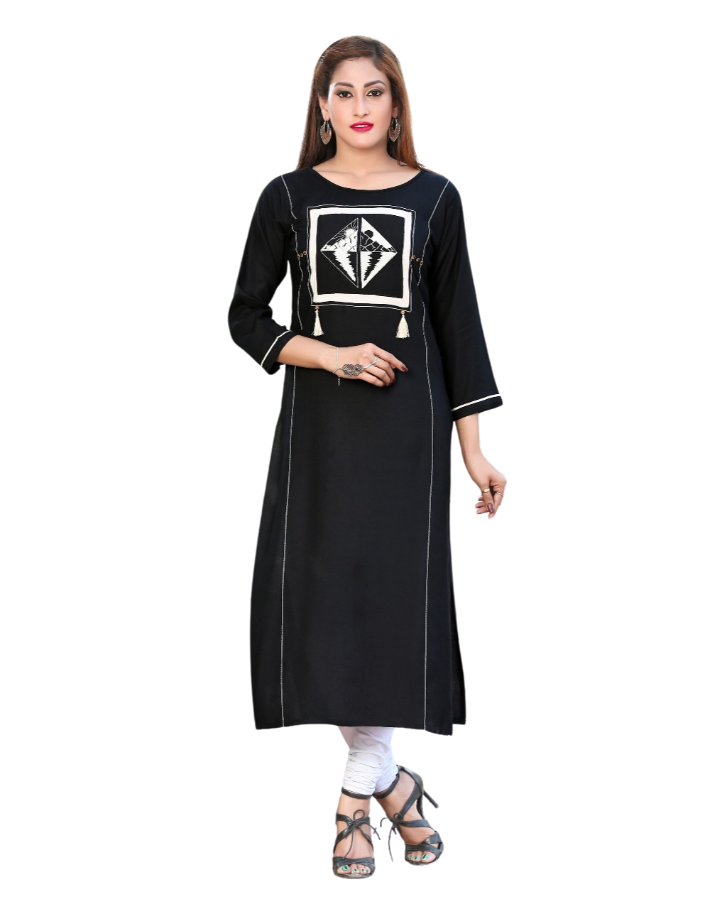 black rayon patch work straight fit kurti