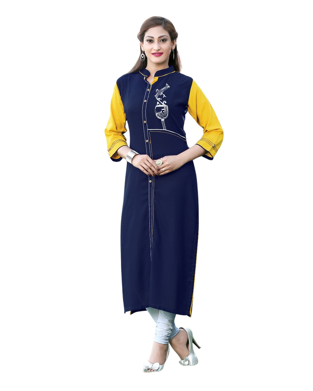 navy blue and yellow rayon embroidery work kurti