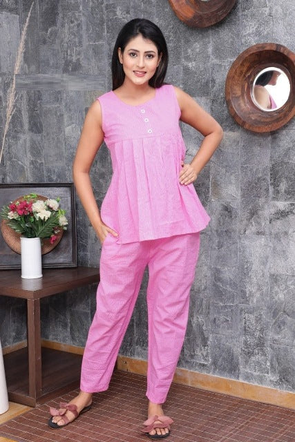 Pink Cotton Sleeveless Nightsuit