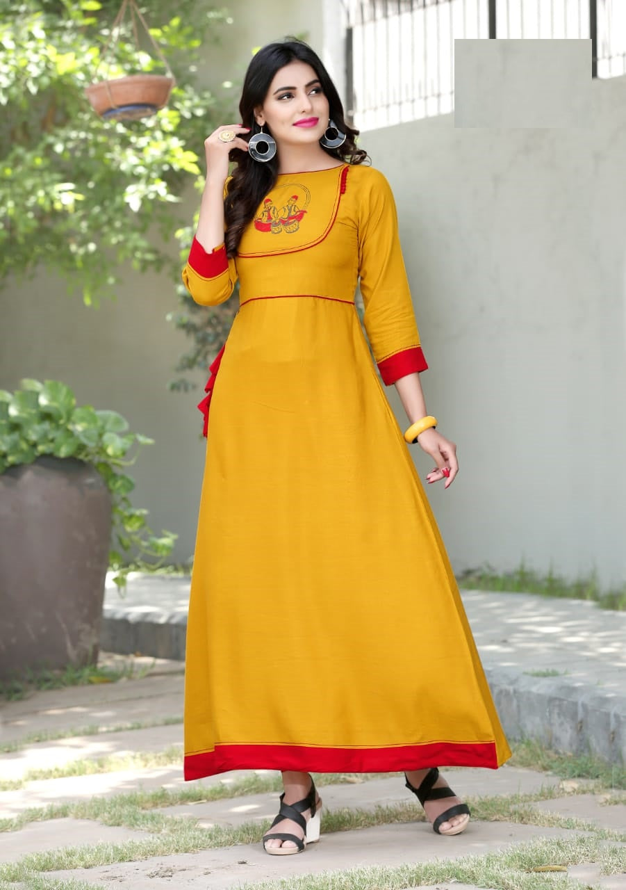 Orange Rayon Flex Embroidery Work Long Gown