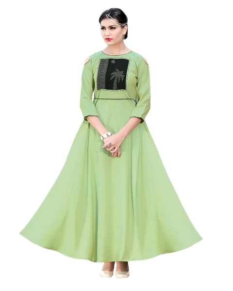 Pista Green Muslin Silk Long Gown with black Patch Work