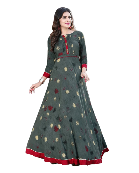 grey muslin silk long gown with multicolor print