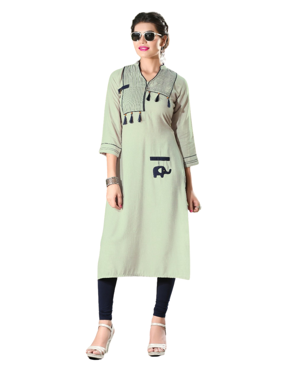Pista Green Rayon Slub Embroidery Work Straight Fit Kurti