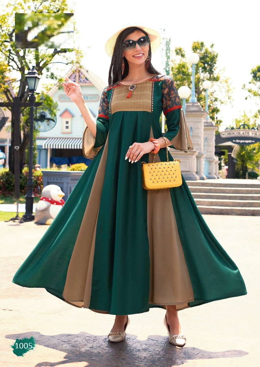 Bottle Green and Brown Handwork Fancy Long Gown Kurti