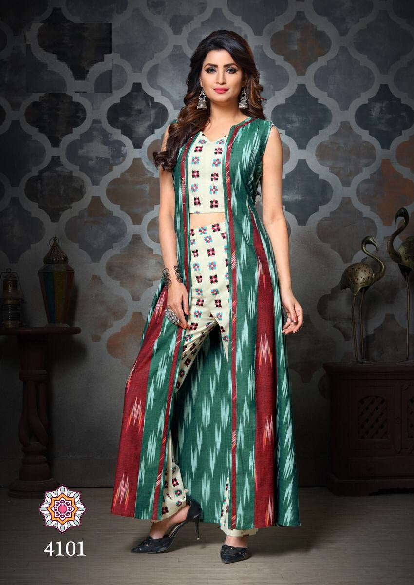 Cream Crop Top and Pant with Multi-coloured Full Length Shrug