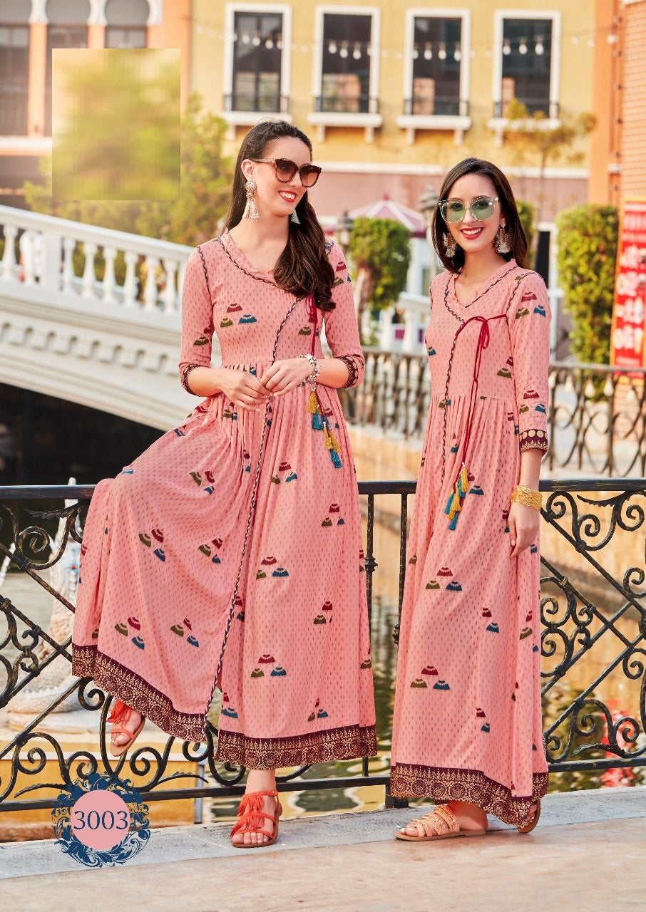 Peach Rayon front cut Kurti with unique pattern V- neck A- line printed kurti with multicolor dori