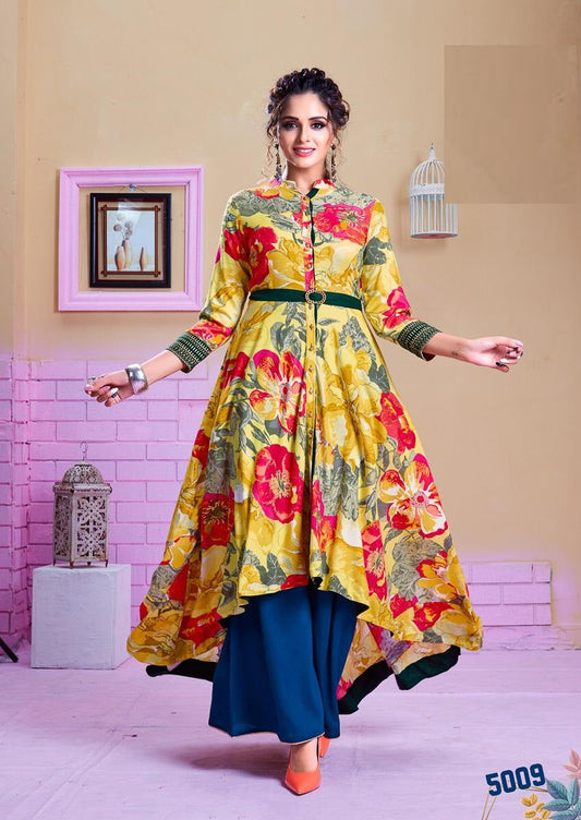 Yellow and Multicolor A- line Kurti with belt Rayon Flower Printed with chinese collar front buttons