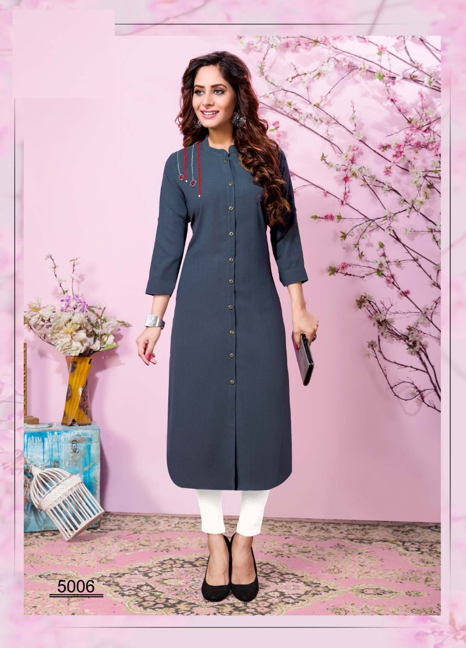 Light Grey Cotton Slub Kurti with Handwork Chinese collar front Button Straight fit front cut Kurti