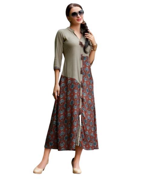 Grey and Multicolor Printed Rayon Kurti