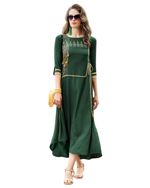bottle green embroidery work a line rayon kurti