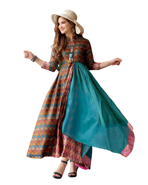 Blue & Brown Muslin Printed Gown