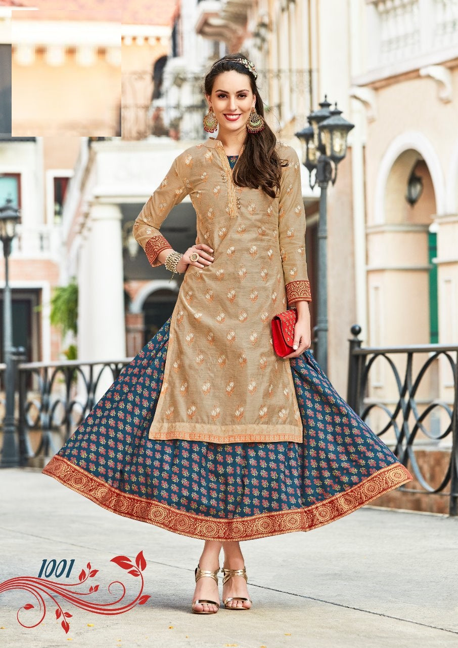 Beige Chanderi Designer Kurti with Heavy loook Blue Rayon Printed Separate Inner