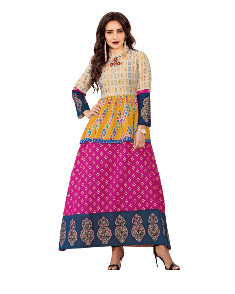 pink blue orange cream printed cotton gown kurti