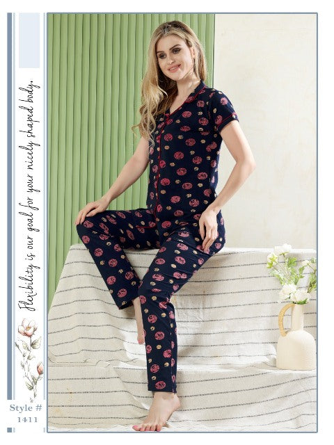Button Down Shirt & Pyjama Set In Navy Blue Colour-1411