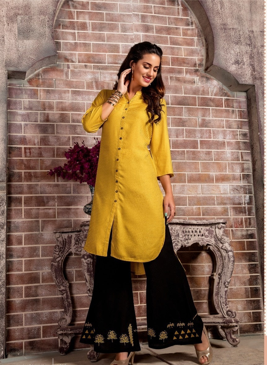 Yellow Straight Kurti with Black Palazzo