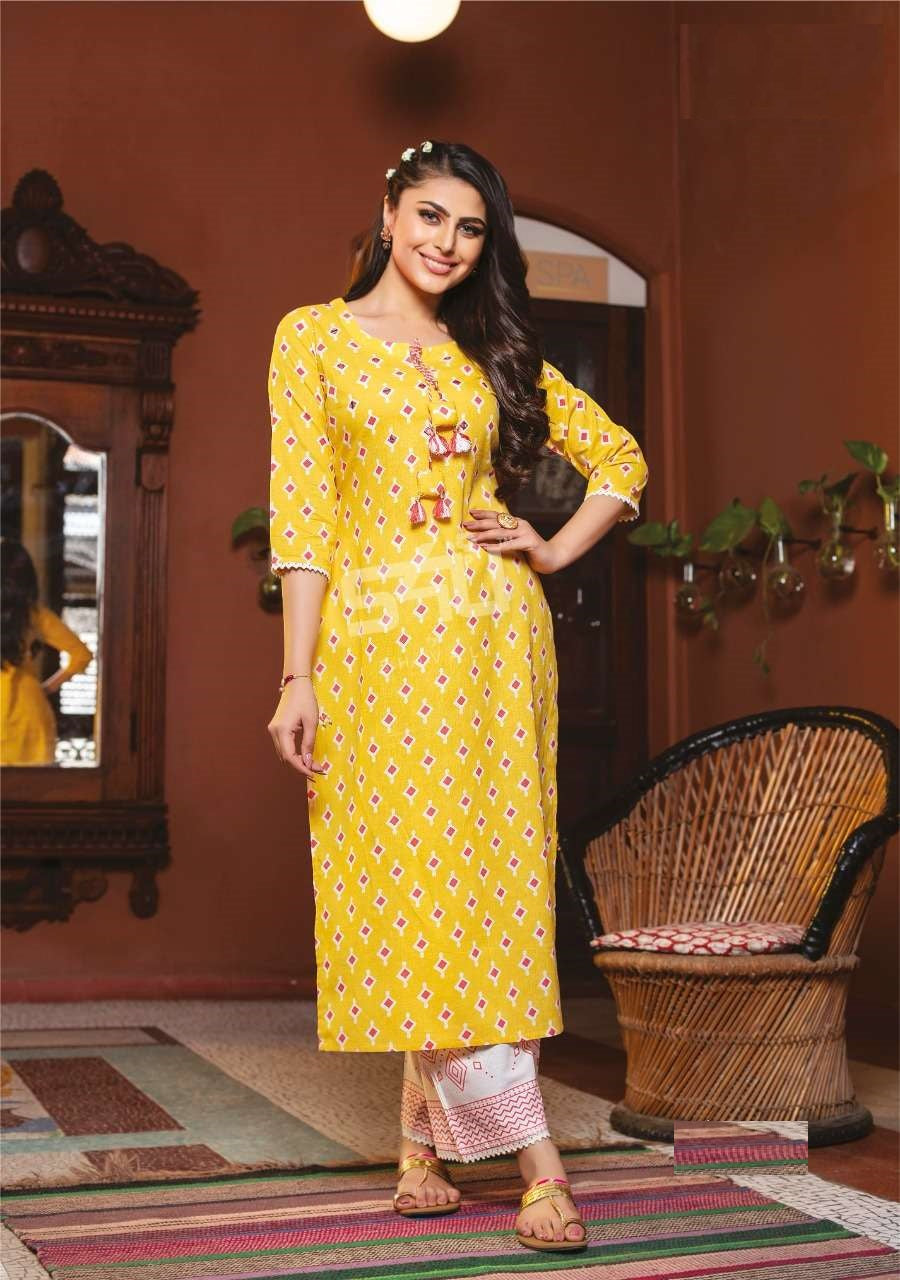 Yellow Gota Patti Work Printed Cotton Kurti with Matching Pant - 107
