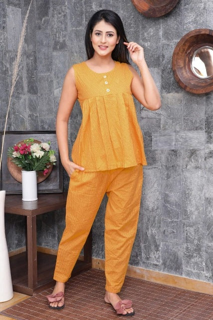 Yellow Cotton Sleeveless Nightsuit